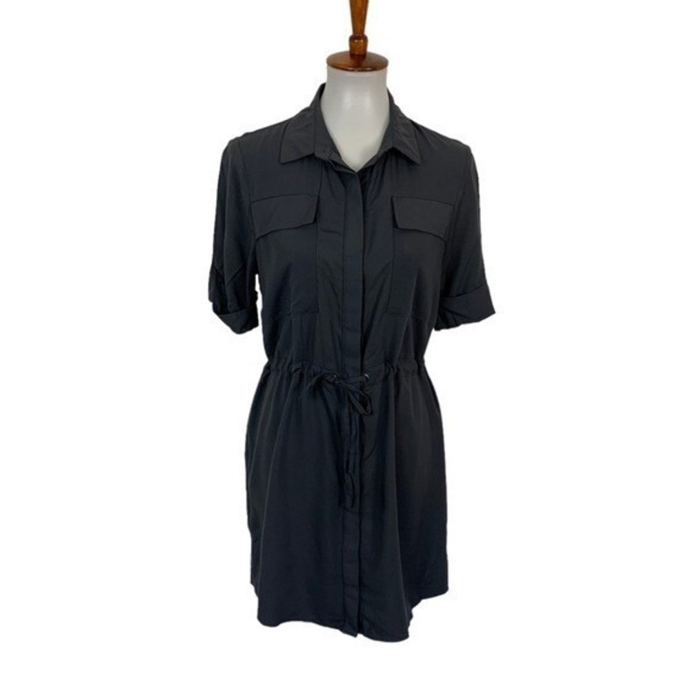 Topshop‎ Gray Utility Shirt Dress Collared Drawstring Waist Button Front 6